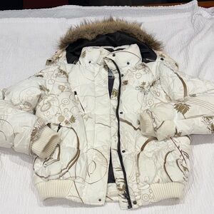 Rehall Woman’s  Floral Patterned Puffer Jacket with Faux Fur Hood